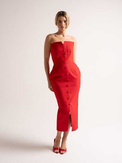 'MARILYN' EXAGGERATED SQUARE BANDEAU BUTTON DETAIL MIDI DRESS RED