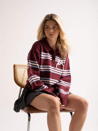 'SUKI' LAS KNITTED RUGBY TOP BURGUNDY MULTI