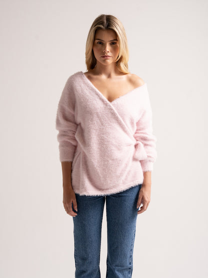 ‘POESY’ EYELASH KNITTED BALLERINA WRAP CARDIGAN PINK