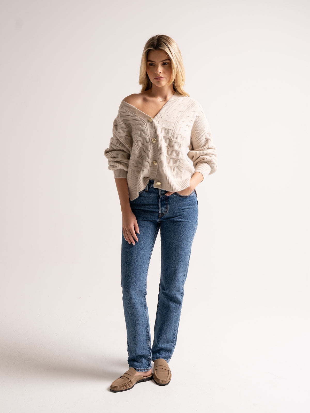 'MAISIE' CABLE KNIT MULTIWAY WEAR CARDIGAN OAT BEIGE
