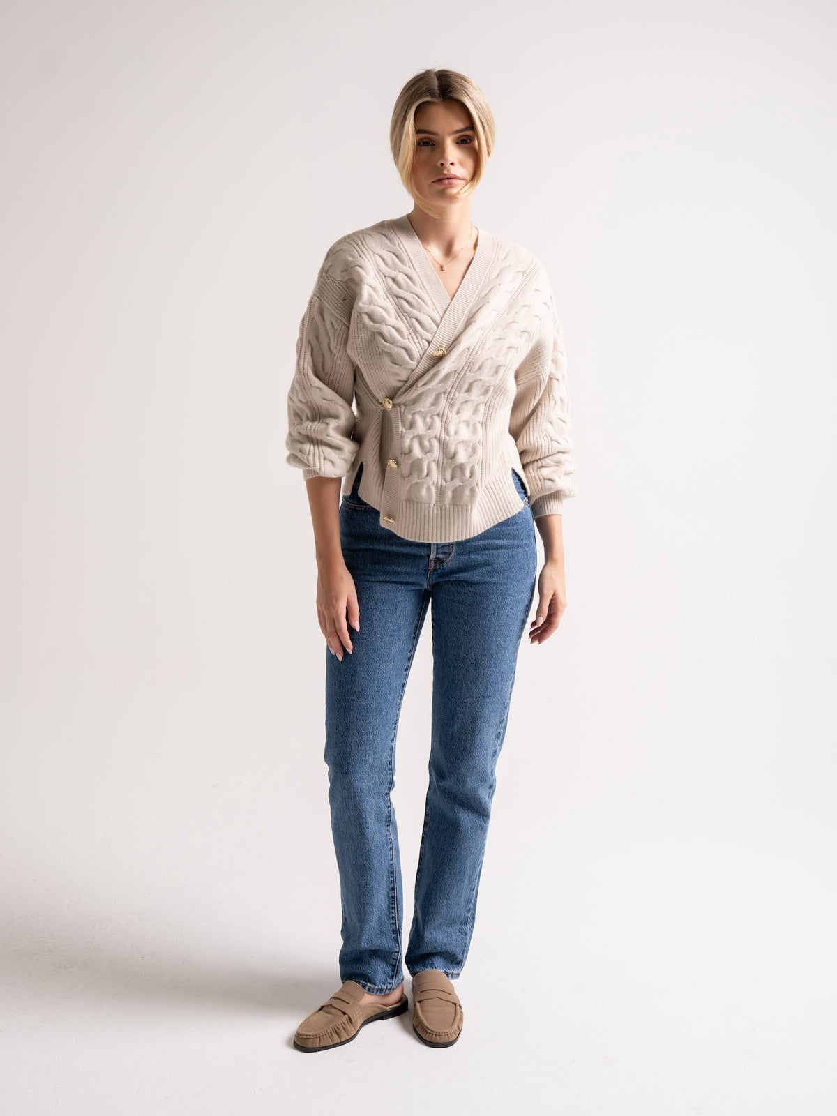 'MAISIE' CABLE KNIT MULTIWAY WEAR CARDIGAN OAT BEIGE