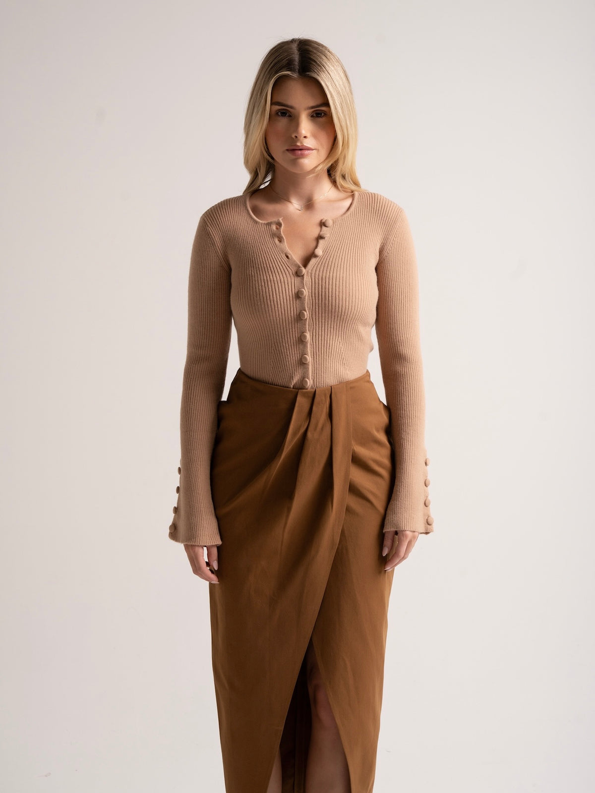 'BEVERLEY' EXAGGERATED WRAP FRONT MIDI SKIRT BROWN