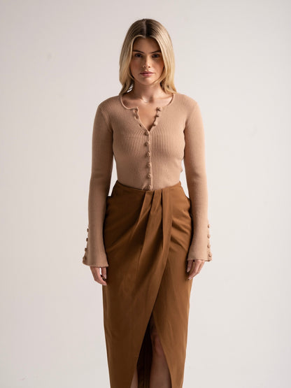 'BEVERLEY' EXAGGERATED WRAP FRONT MIDI SKIRT BROWN