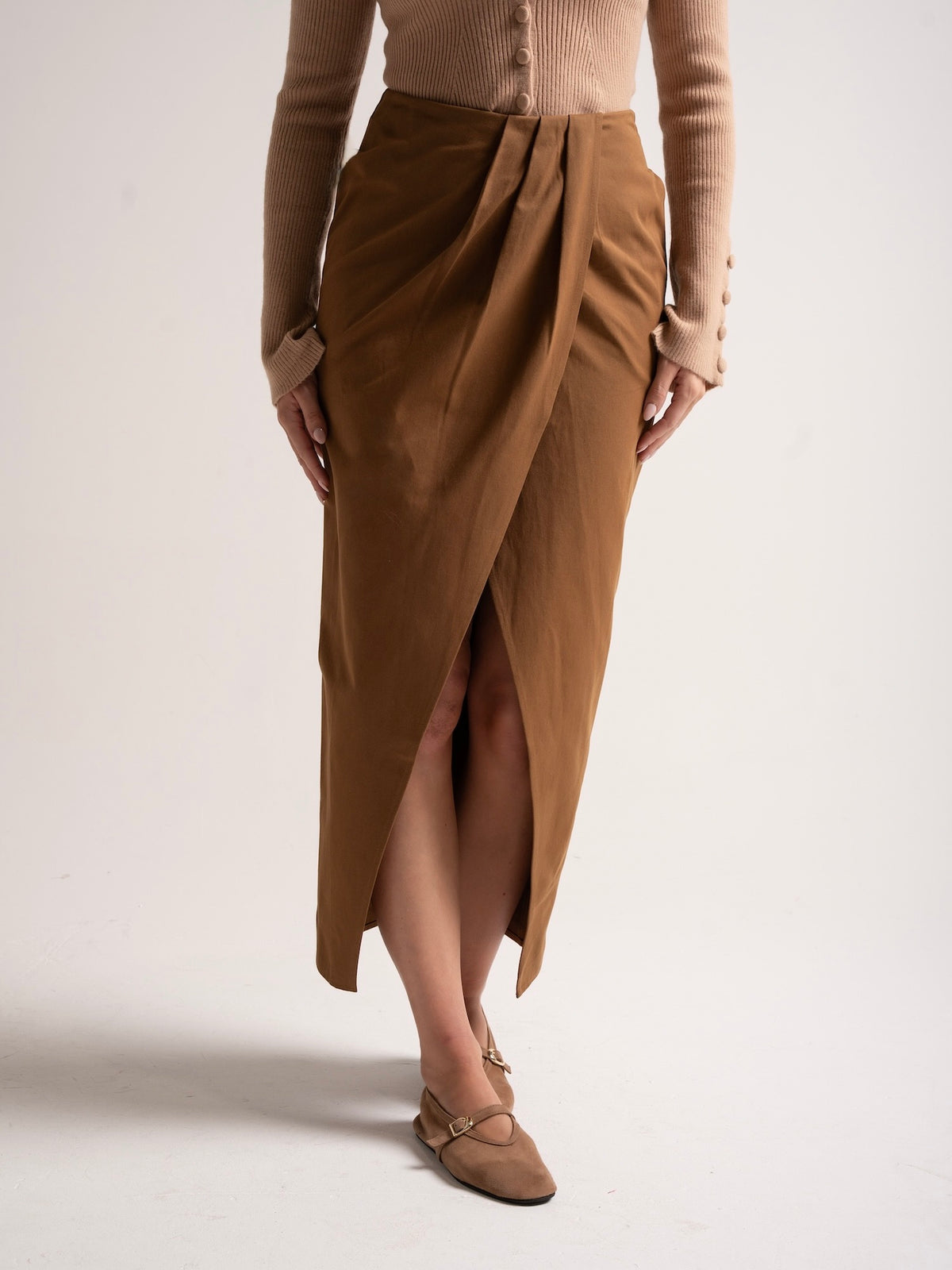 'BEVERLEY' EXAGGERATED WRAP FRONT MIDI SKIRT BROWN