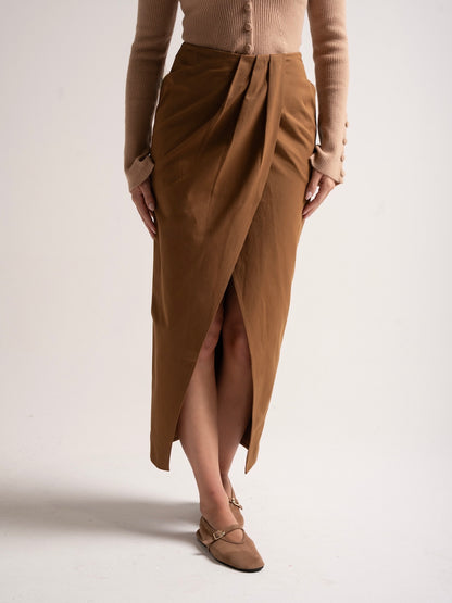 'BEVERLEY' EXAGGERATED WRAP FRONT MIDI SKIRT BROWN