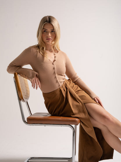 'BEVERLEY' EXAGGERATED WRAP FRONT MIDI SKIRT BROWN