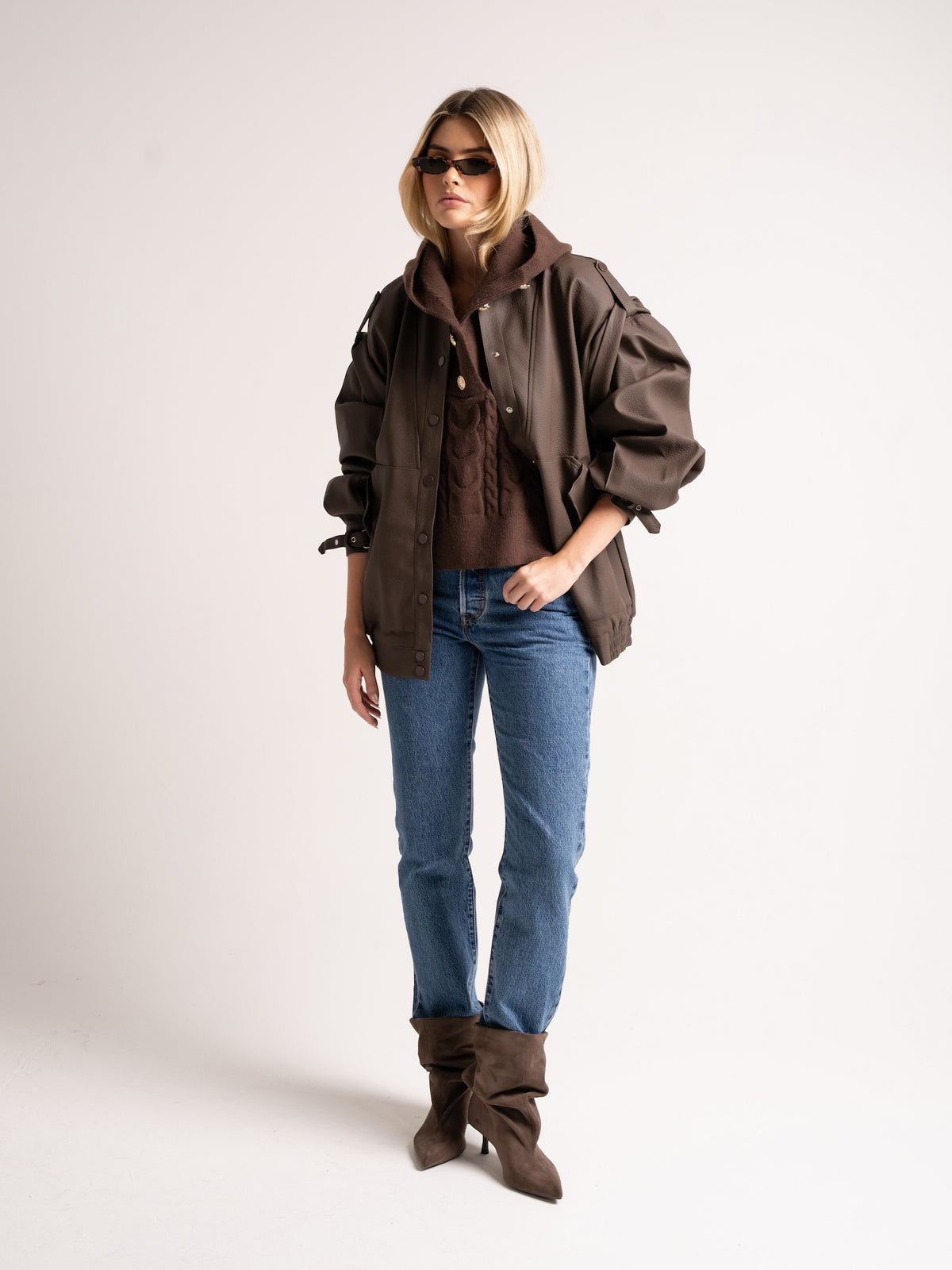 'SIENNA' FAUX LEATHER OVERSIZED MULTI WAY JACKET BROWN