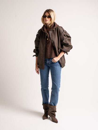 'SIENNA' FAUX LEATHER OVERSIZED MULTI WAY JACKET BROWN