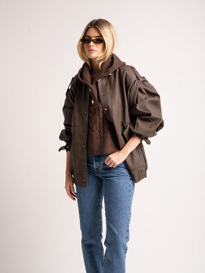 'SIENNA' FAUX LEATHER OVERSIZED MULTI WAY JACKET BROWN