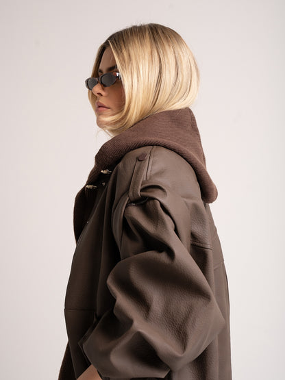 'SIENNA' FAUX LEATHER OVERSIZED MULTI WAY JACKET BROWN