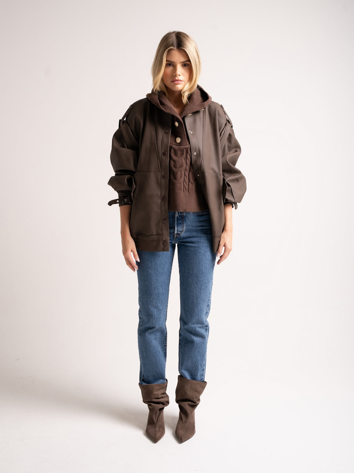 'SIENNA' FAUX LEATHER OVERSIZED MULTI WAY JACKET BROWN