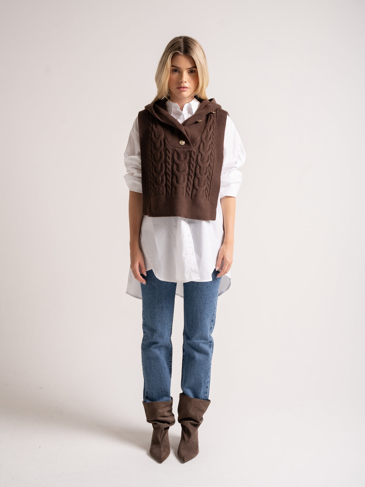 'MIMI' CABLE KNITTED HOODED VEST BROWN
