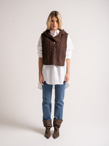 'MIMI' CABLE KNITTED HOODED VEST BROWN