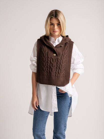 'MIMI' CABLE KNITTED HOODED VEST BROWN