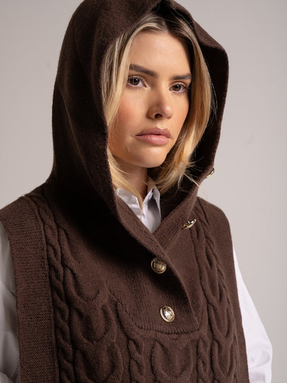 'MIMI' CABLE KNITTED HOODED VEST BROWN