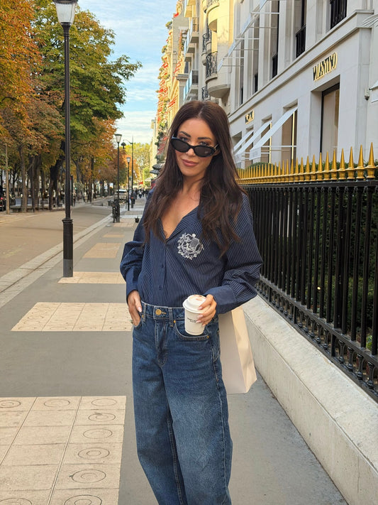 ‘EASY DOES IT’ OVERSIZED STRIPE COTTON BOX PLEAT SHIRT NAVY