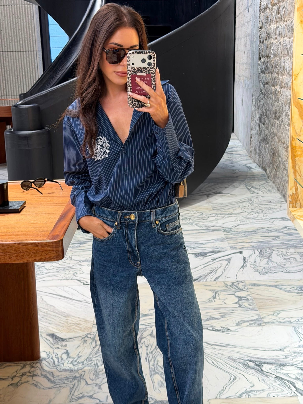 ‘EASY DOES IT’ OVERSIZED STRIPE COTTON BOX PLEAT SHIRT NAVY
