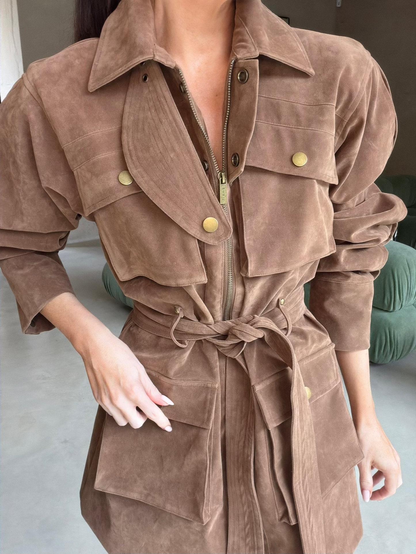**PRE-ORDER** ‘STEVIE' FAUX SUEDE UTILITY HOURGLASS JACKET BROWN