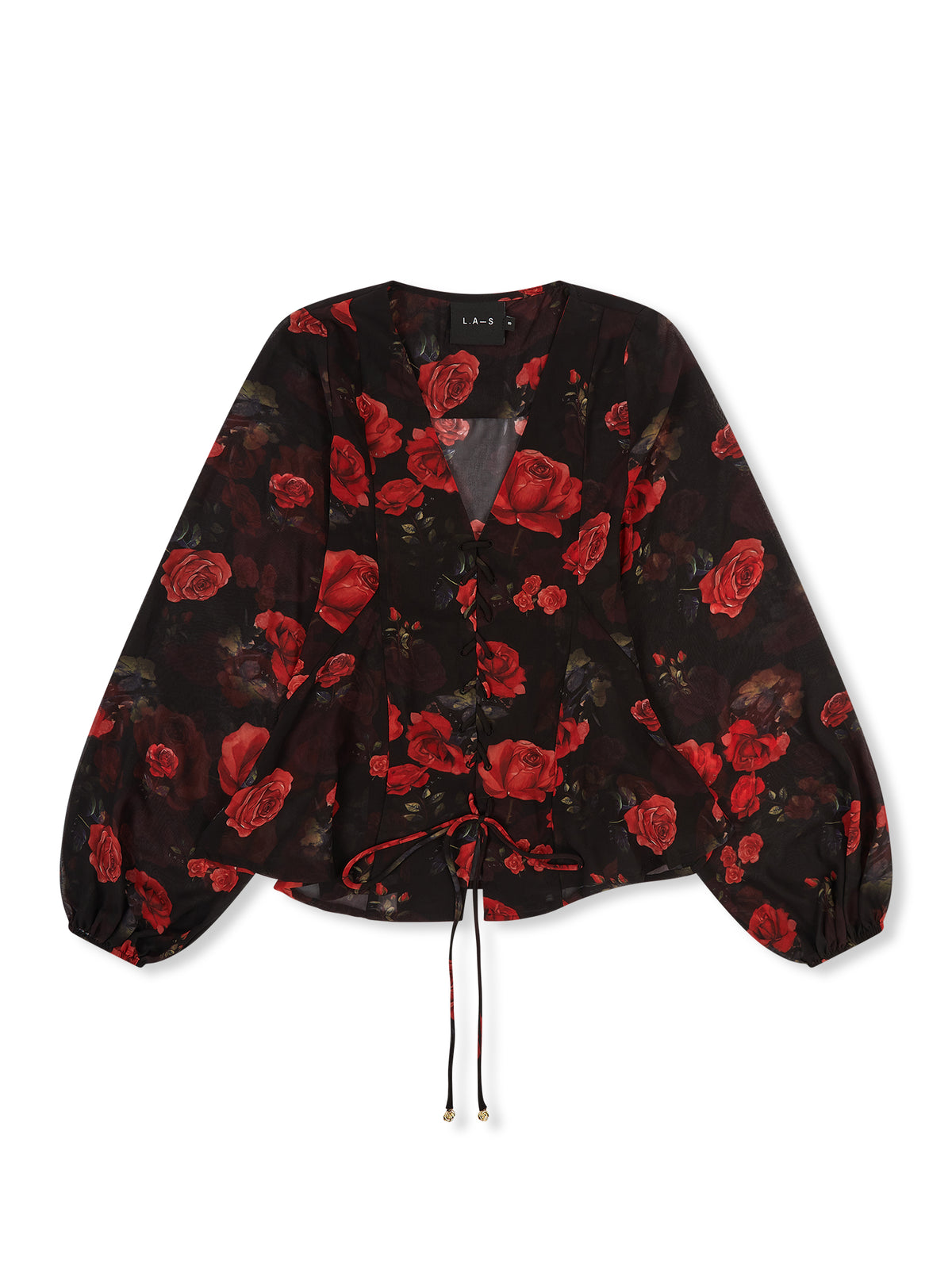 'I HEART NYC' ROSE PRINT LACE UP BLOUSE BLACK
