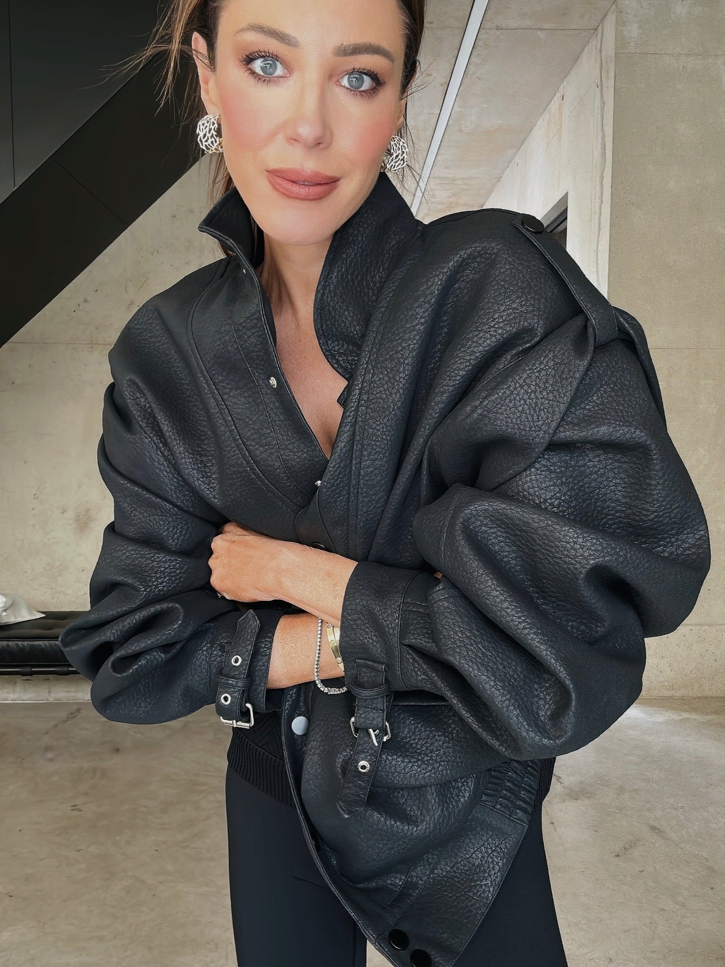 'SIENNA' FAUX LEATHER OVERSIZED MULTI WAY JACKET BLACK