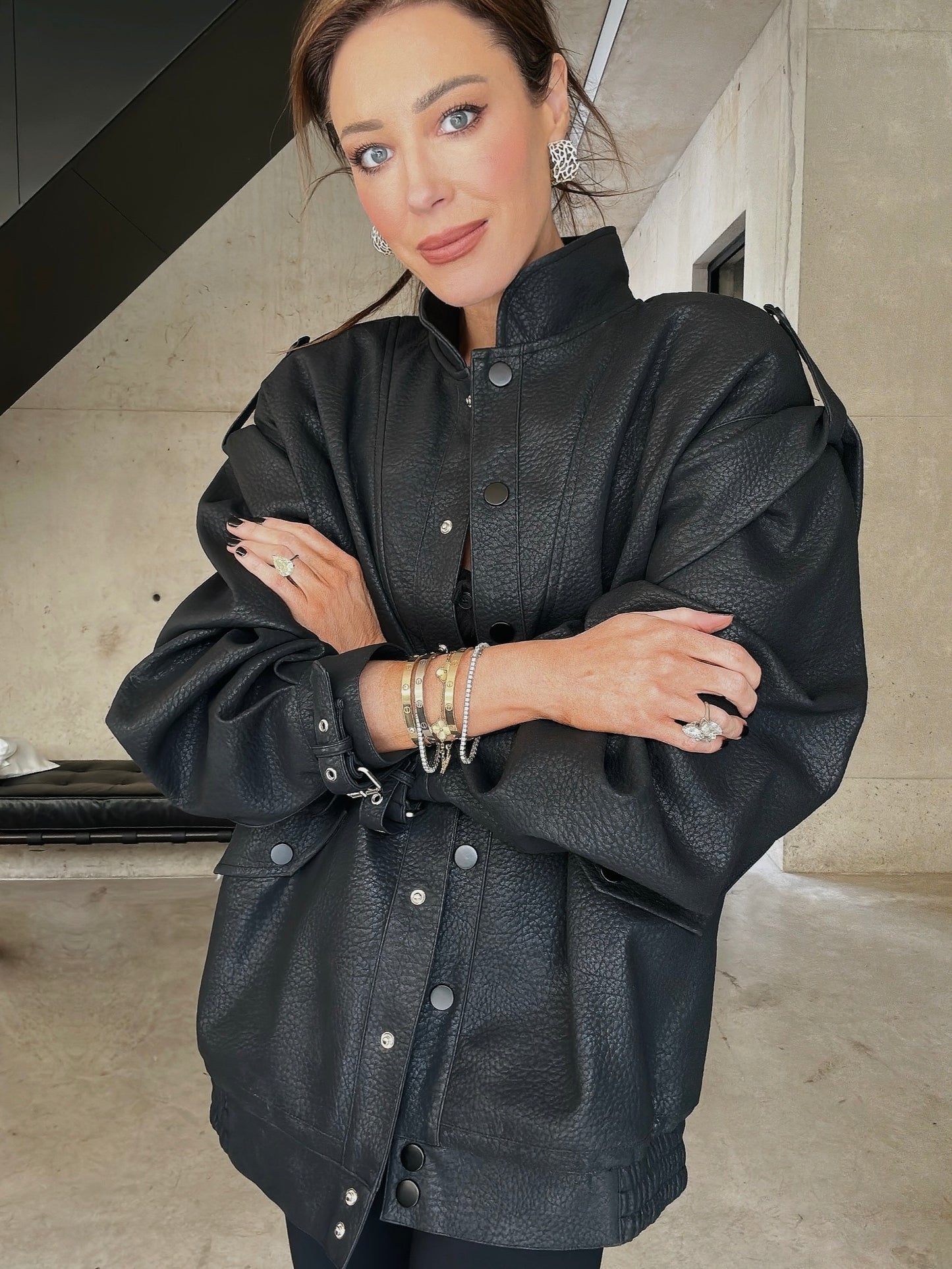 'SIENNA' FAUX LEATHER OVERSIZED MULTI WAY JACKET BLACK