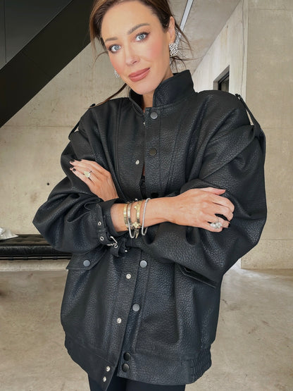 'SIENNA' FAUX LEATHER OVERSIZED MULTI WAY JACKET BLACK
