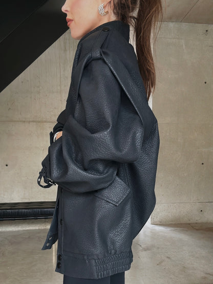 'SIENNA' FAUX LEATHER OVERSIZED MULTI WAY JACKET BLACK