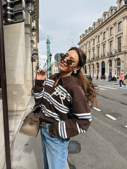 'SUKI' LAS KNITTED RUGBY TOP BROWN MULTI