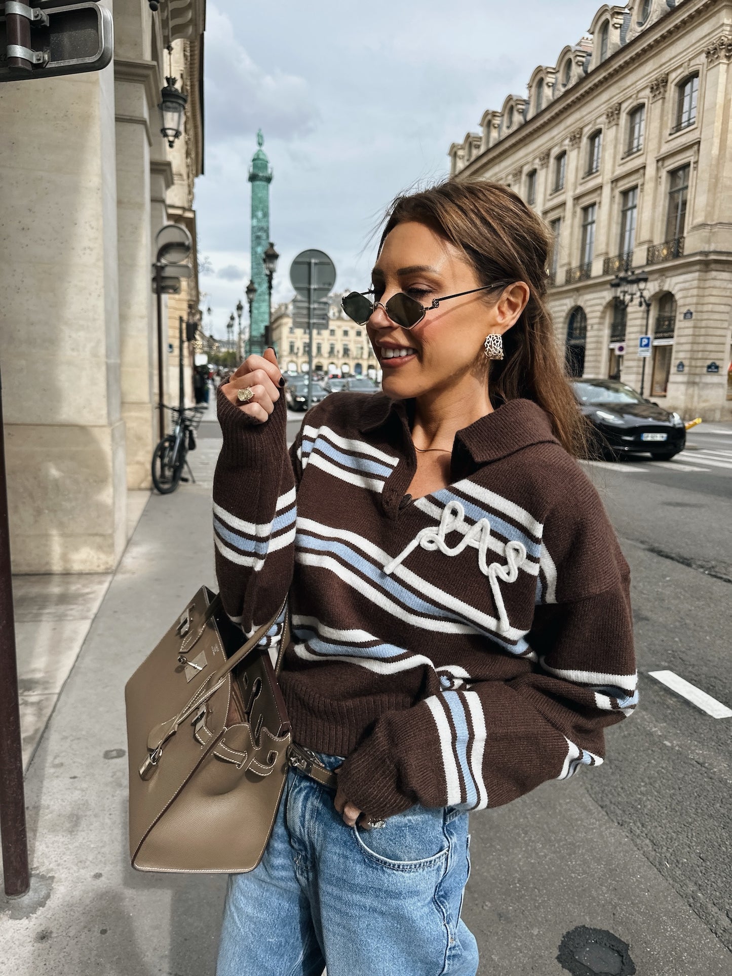 'SUKI' LAS KNITTED RUGBY TOP BROWN MULTI