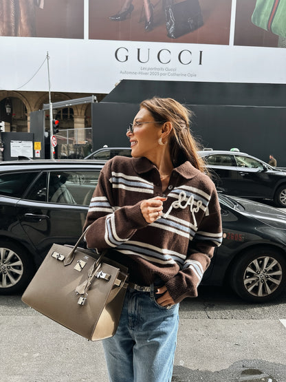 'SUKI' LAS KNITTED RUGBY TOP BROWN MULTI