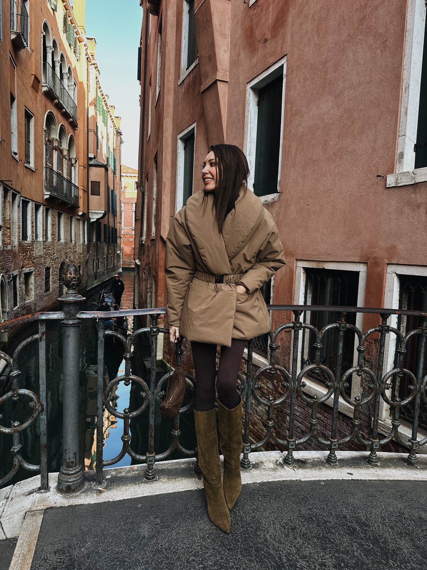 'MARAIS' SHAWL COLLAR BELTED PUFFER OVERSIZED JACKET BROWN