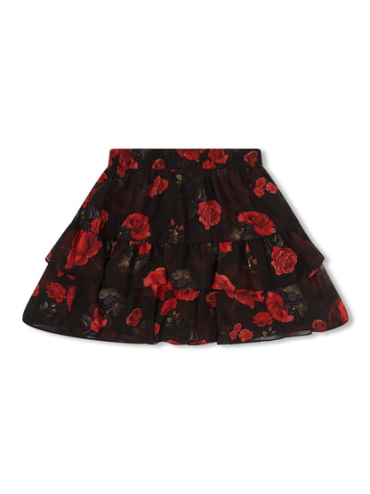 'I HEART NYC' ROSE PRINT TIERED RUFFLE SKORT BLACK