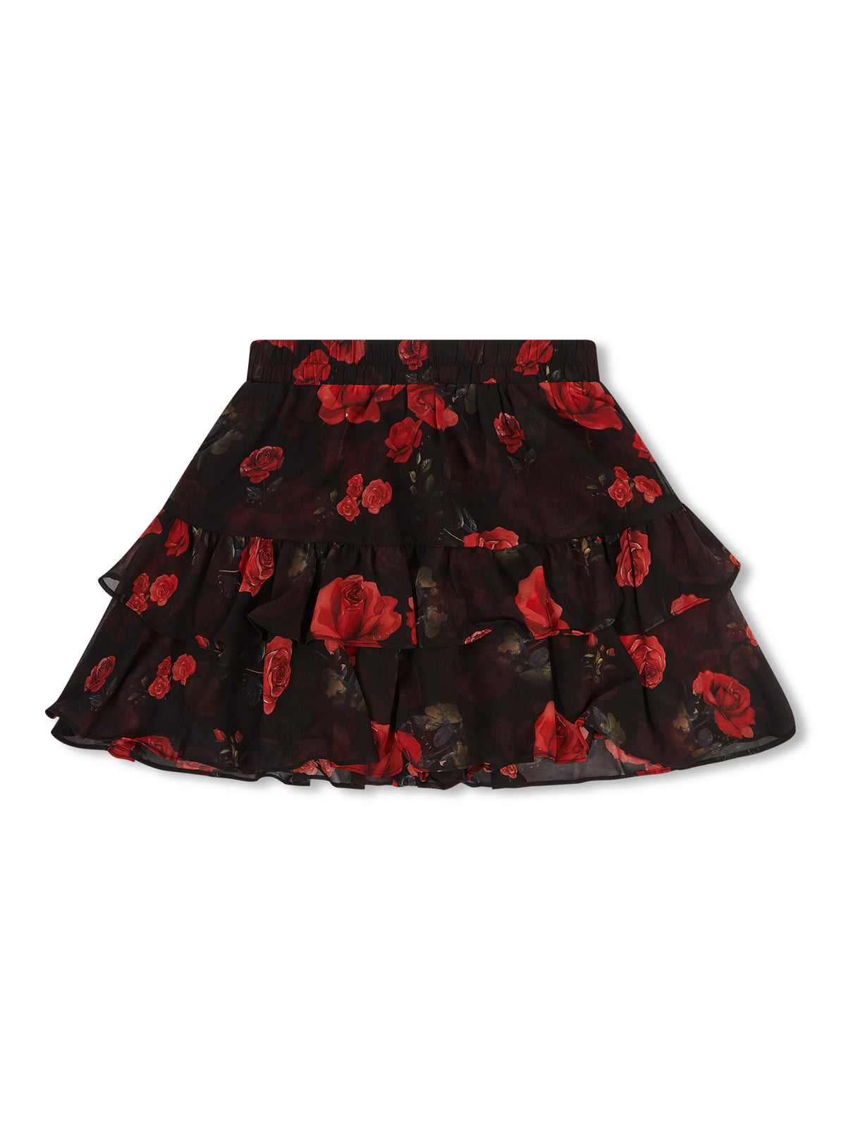 'I HEART NYC' ROSE PRINT TIERED RUFFLE SKORT BLACK