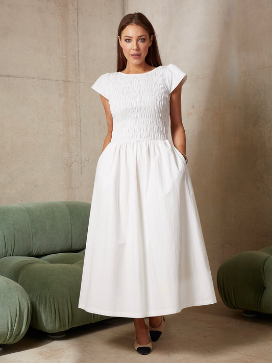 'ELIZABETH' SHIRRED BODICE SHORT SLEEVE MIDAXI DRESS WHITE