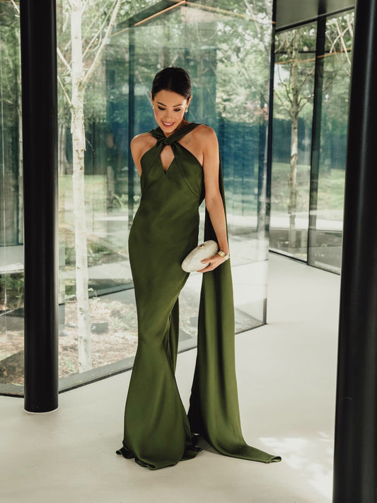 ***PRE-ORDER*** 'ATONEMENT' SCARF DETAIL LONGLINE MAXI DRESS OLIVE