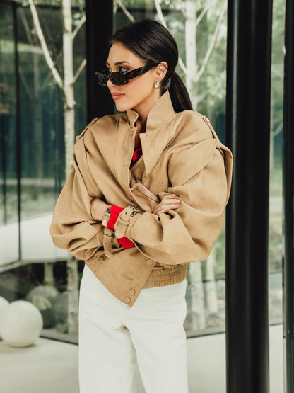 'SIENNA' FAUX LEATHER OVERSIZED MULTI WAY JACKET CAMEL