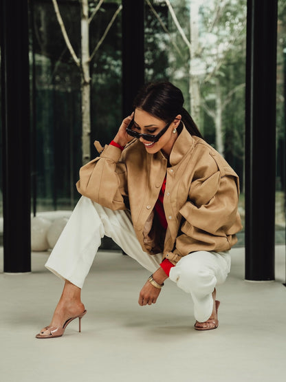 'SIENNA' FAUX LEATHER OVERSIZED MULTI WAY JACKET CAMEL