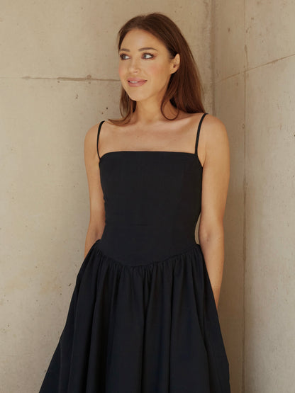 'ELODIE' SQUARE NECK CORSET MIDI DRESS NAVY