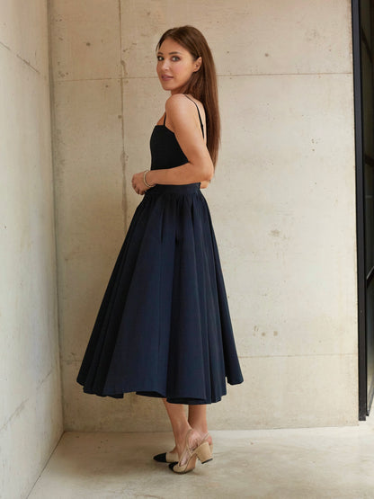 'ELODIE' SQUARE NECK CORSET MIDI DRESS NAVY