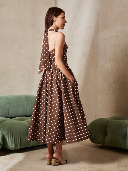 'PRETTY WOMAN' POLKA DOT HALTER NECK CORSET MIDI DRESS BROWN