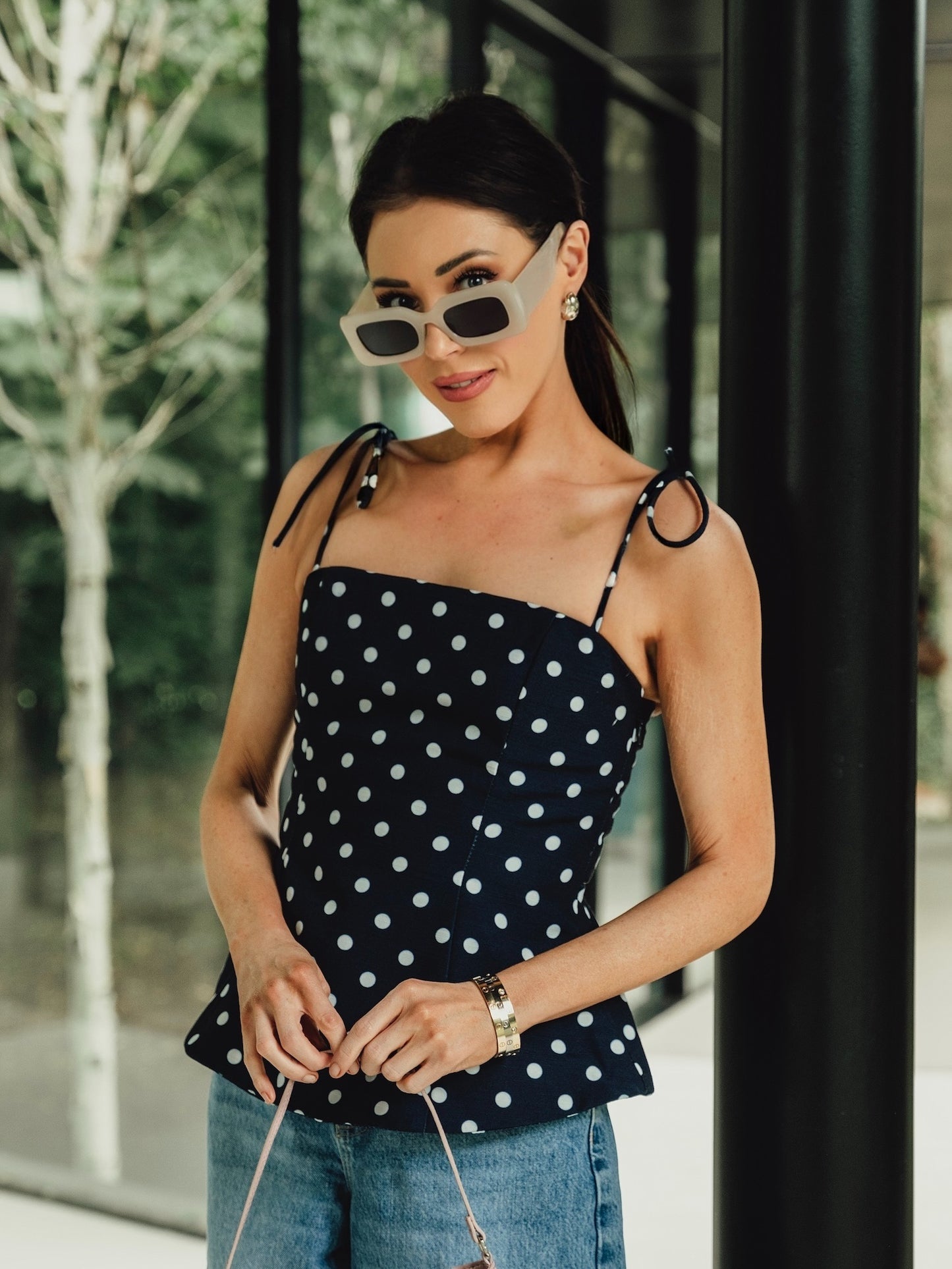 'LOTUS' POLKA DOT SQUARE NECK PEPHEM TOP NAVY