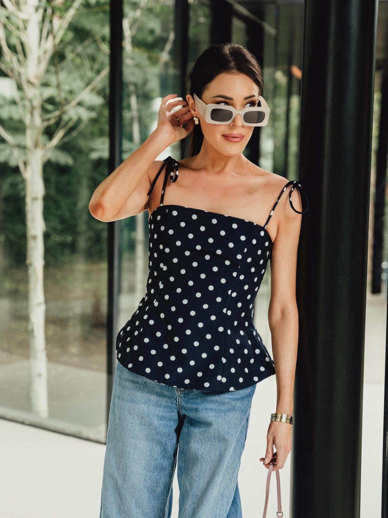 'LOTUS' POLKA DOT SQUARE NECK PEPHEM TOP NAVY