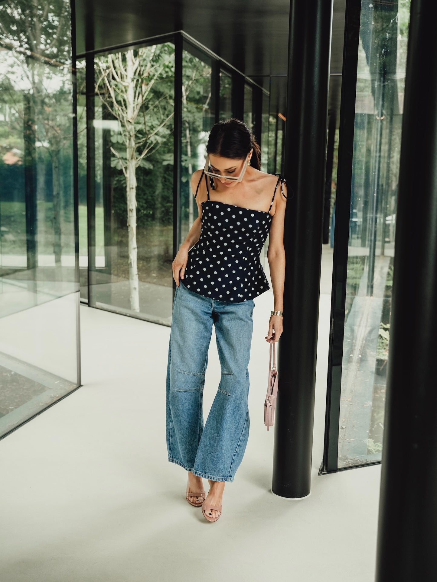 'LOTUS' POLKA DOT SQUARE NECK PEPHEM TOP NAVY