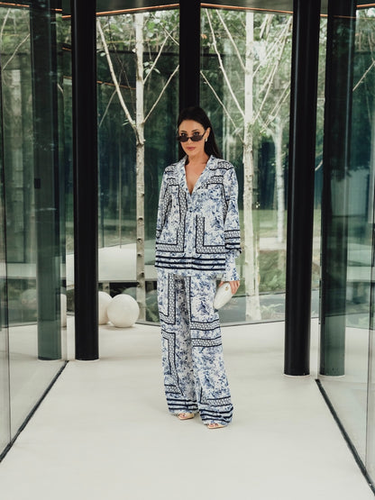 LAS SIGNATURE SCARF PRINT TROUSERS NAVY