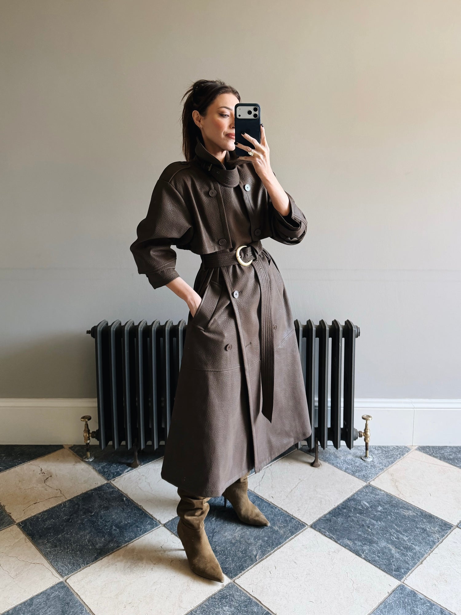 'VERSAILLES' LIMITED EDITION FAUX LEATHER SIGNATURE BELTED TRENCH COAT BROWN