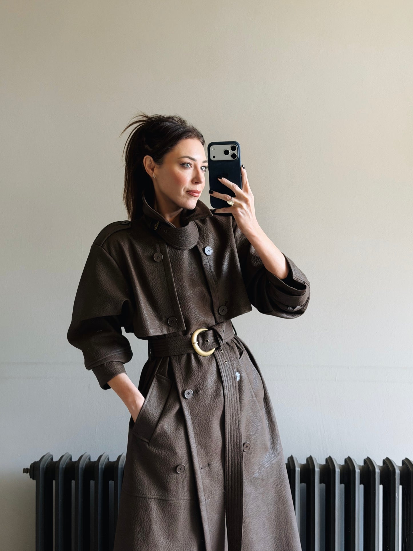 'VERSAILLES' LIMITED EDITION FAUX LEATHER SIGNATURE BELTED TRENCH COAT BROWN
