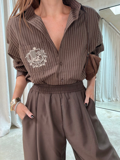 ‘EASY DOES IT’ STRIPE COTTON BOX PLEAT SHIRT BROWN