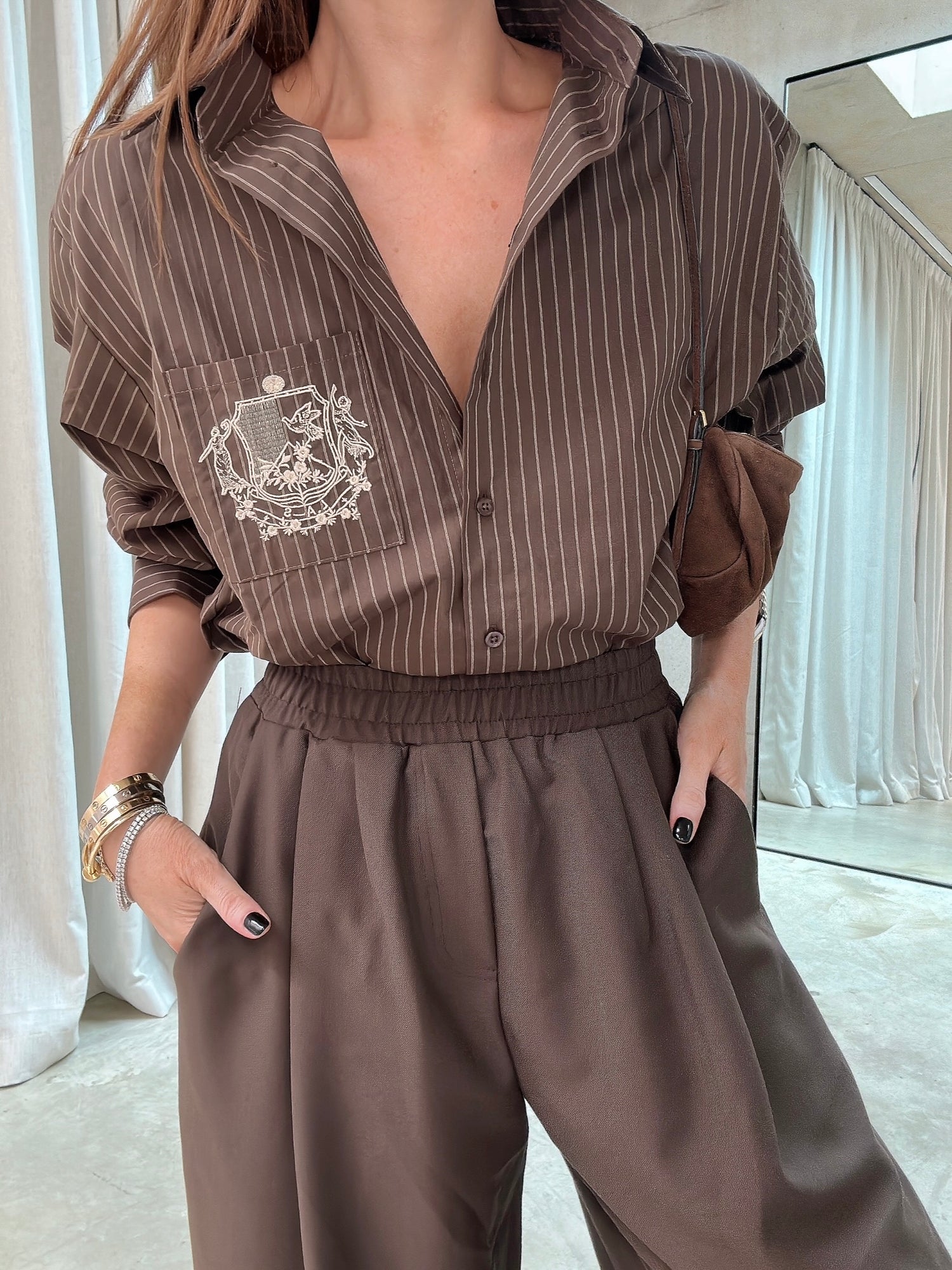 ‘EASY DOES IT’ STRIPE COTTON BOX PLEAT SHIRT BROWN