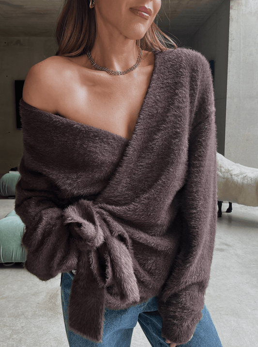 ‘POESY’ EYELASH KNITTED BALLERINA WRAP CARDIGAN BROWN