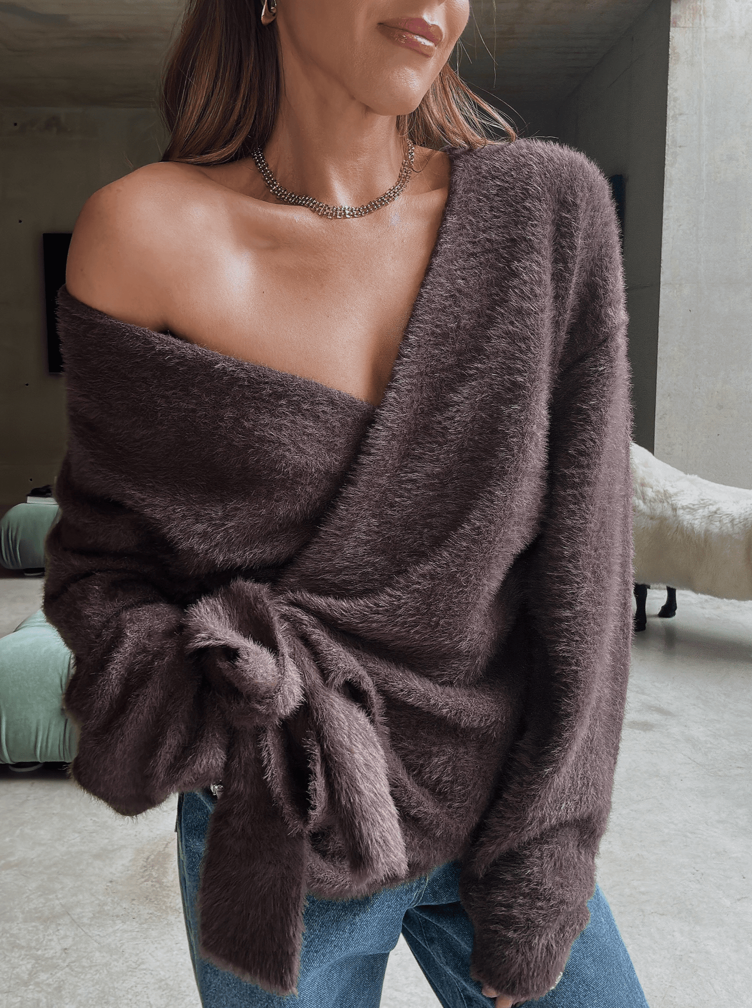 ‘POESY’ EYELASH KNITTED BALLERINA WRAP CARDIGAN BROWN